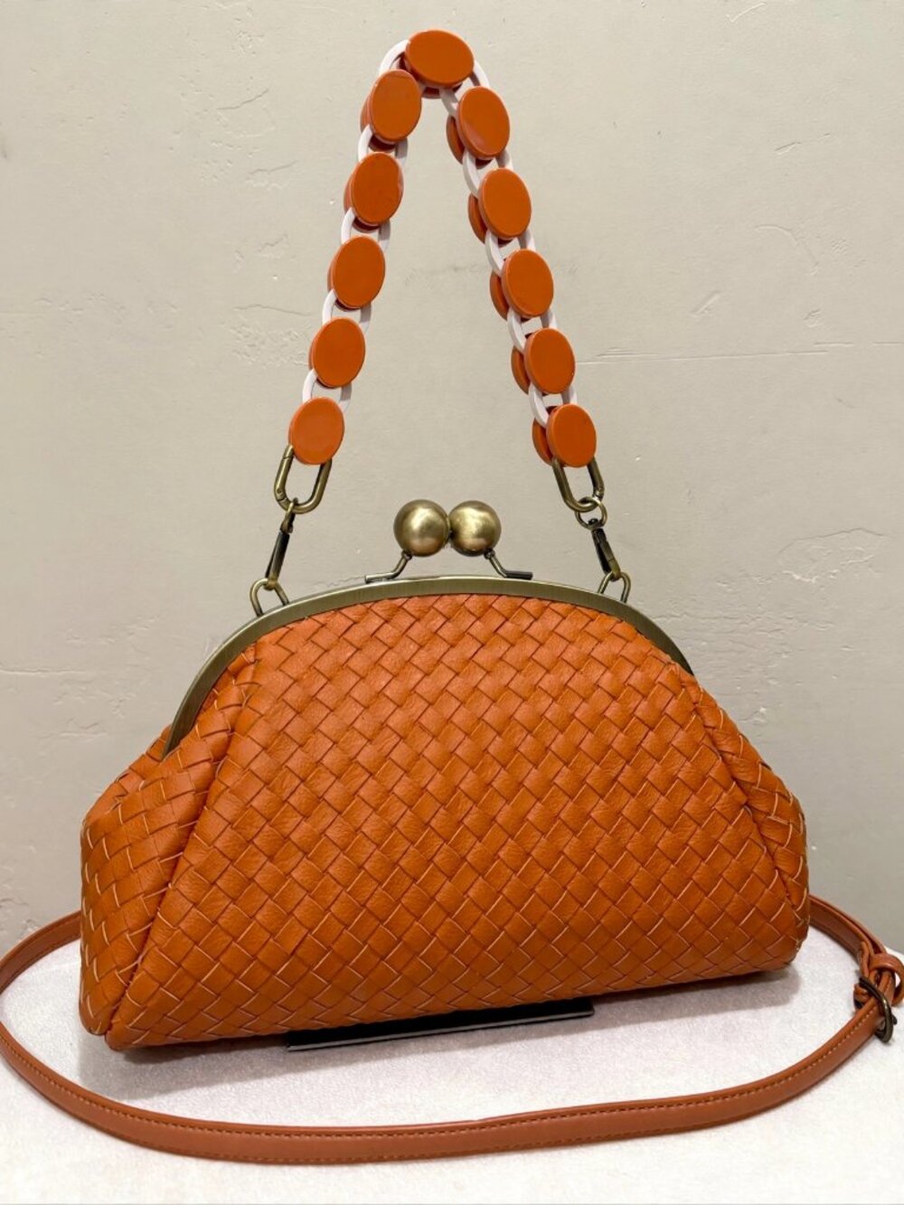 Orange Woven Leather Handmade Kisslock Bag, Vintage Cowhide Crossbody - Picture 1 of 16